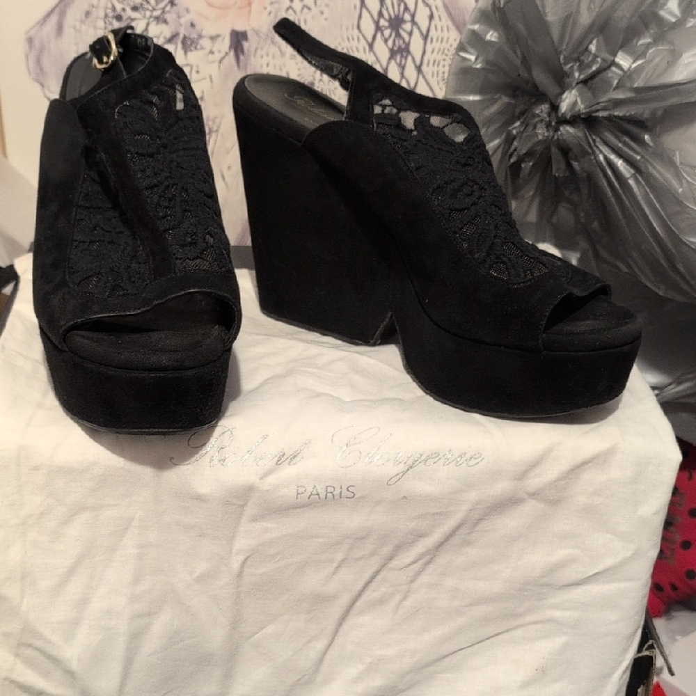 Robert Clergerie Black Lace Platform Sandals